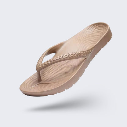 Orthopedic flip-flops with a toe post and contoured footbed, in khaki, black, navy and cream