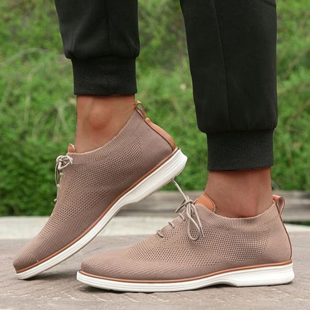 Lace-up orthopedic dress shoes with a cushioned insole, in black, caramel and gray