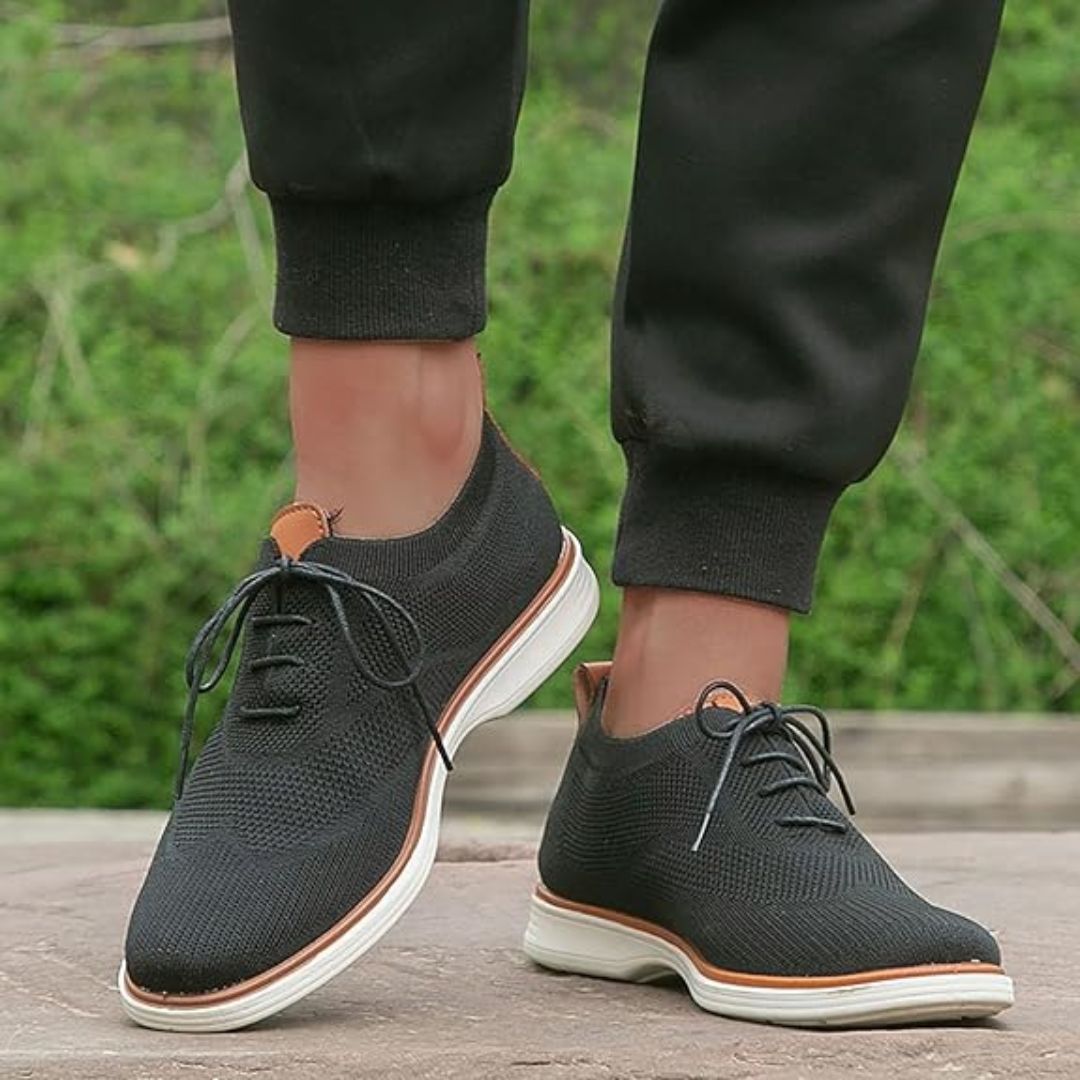 Lace-up orthopedic dress shoes with a cushioned insole, in black, caramel and gray