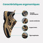 Lace-up orthopedic walking shoes with a thick cushioned sole, in caramel and black